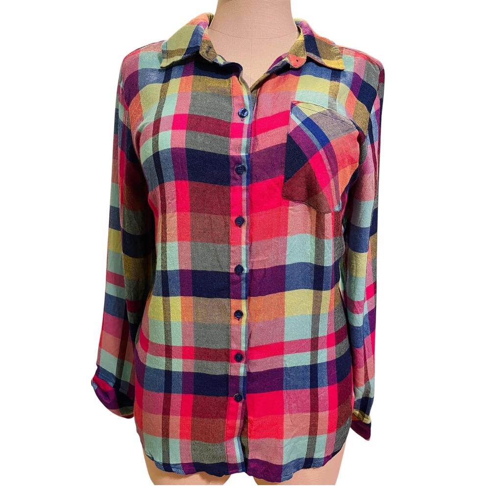 Torrid 3 (3X 22/24) Rainbow Plaid Button Up Brushed Rayon‎ Relaxed Fit Shirt New